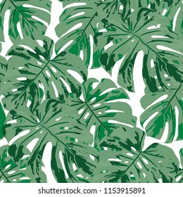 Tropical Pattern. Seamless Texture with Bright Hand Drawn Leaves of Monstera. Summer Rapport for Print, Paper, Swimwear. Vector Seamless Background with Tropic Plants. Watercolor Effect.