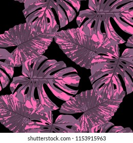 Tropical Pattern. Seamless Texture with Bright Hand Drawn Leaves of Monstera. Bright Rapport for Paper, Textile, Wallpaper. Vector Seamless Background with Tropic Plants. Watercolor Effect.