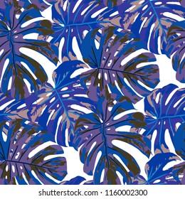Tropical Pattern. Seamless Texture with Bright Hand Drawn Leaves of Monstera. Summer Rapport for Print, Textile, Fabric. Vector Seamless Background with Tropic Plants. Watercolor Effect.