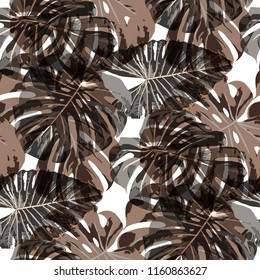 Tropical Pattern. Seamless Texture with Bright Hand Drawn Leaves of Monstera. Spring Rapport for Paper, Textile, Wallpaper. Vector Seamless Background with Tropic Plants. Watercolor Effect.
