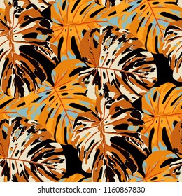 Tropical Pattern. Seamless Texture with Bright Hand Drawn Leaves of Monstera. Spring Rapport for Calico, Textile, Wallpaper. Vector Seamless Background with Tropic Plants. Watercolor Effect.
