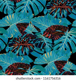 Tropical Pattern. Seamless Texture with Bright Hand Drawn Leaves of Monstera. Trendy Rapport for Paper, Cloth, Fabric. Vector Seamless Background with Tropic Plants. Watercolor Effect.
