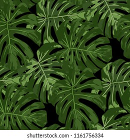 Tropical Pattern. Seamless Texture with Bright Hand Drawn Leaves of Monstera. Trendy Rapport for Print, Cloth, Fabric. Vector Seamless Background with Tropic Plants. Watercolor Effect.