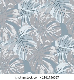 Tropical Pattern. Seamless Texture with Bright Hand Drawn Leaves of Monstera. Trendy Rapport for Paper, Cloth, Fabric. Vector Seamless Background with Tropic Plants. Watercolor Effect.