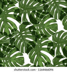 Tropical Pattern. Seamless Texture with Bright Hand Drawn Leaves of Monstera. Spring Rapport for Calico, Textile, Wallpaper. Vector Seamless Background with Tropic Plants. Watercolor Effect.