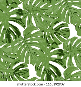 Tropical Pattern. Seamless Texture with Bright Hand Drawn Leaves of Monstera. Summer Rapport for Print, Textile, Fabric. Vector Seamless Background with Tropic Plants. Watercolor Effect.