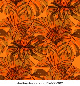 Tropical Pattern. Seamless Texture with Bright Hand Drawn Leaves of Exotic Tree. Summer Rapport for Calico, Textile, Wallpaper. Vector Seamless Background with Tropic Plants. Watercolor Effect.