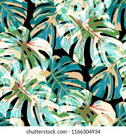 Tropical Pattern. Seamless Texture with Bright Hand Drawn Leaves of Monstera. Bright Rapport for Print, Textile, Swimwear. Vector Seamless Background with Tropic Plants. Watercolor Effect.