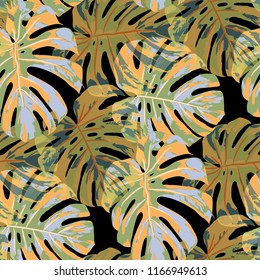 Tropical Pattern. Seamless Texture with Bright Hand Drawn Leaves of Monstera. Bright Rapport for Print, Paper, Swimwear. Vector Seamless Background with Tropic Plants. Watercolor Effect.