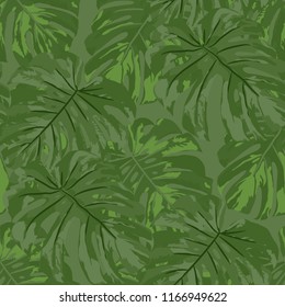 Tropical Pattern. Seamless Texture with Bright Hand Drawn Leaves of Monstera. Summer Rapport for Print, Textile, Fabric. Vector Seamless Background with Tropic Plants. Watercolor Effect.
