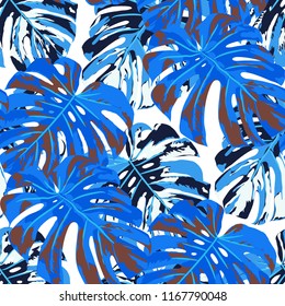 Tropical Pattern. Seamless Texture with Bright Hand Drawn Leaves of Exotic Tree. Summer Rapport for Paper, Textile, Wallpaper. Vector Seamless Background with Tropic Plants. Watercolor Effect.