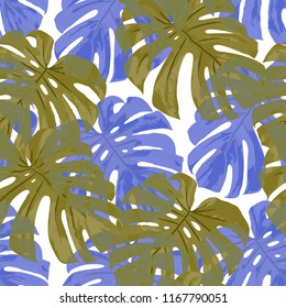 Tropical Pattern. Seamless Texture with Bright Hand Drawn Leaves of Exotic Tree. Bright Rapport for Print, Textile, Fabric. Vector Seamless Background with Tropic Plants. Watercolor Effect.