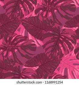 Tropical Pattern. Seamless Texture with Bright Hand Drawn Leaves of Exotic Tree. Spring Rapport for Calico, Textile, Wallpaper. Vector Seamless Background with Tropic Plants. Watercolor Effect.