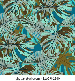 Tropical Pattern. Seamless Texture with Bright Hand Drawn Leaves of Exotic Tree. Summer Rapport for Paper, Textile, Wallpaper. Vector Seamless Background with Tropic Plants. Watercolor Effect.