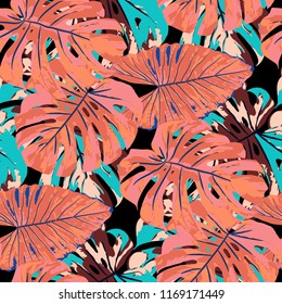 Tropical Pattern. Seamless Texture with Bright Hand Drawn Leaves of Monstera. Summer Rapport for Print, Cloth, Fabric. Vector Seamless Background with Tropic Plants. Watercolor Effect.
