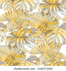 Tropical Pattern. Seamless Texture with Bright Hand Drawn Leaves of Exotic Tree. Summer Rapport for Print, Paper, Swimwear. Vector Seamless Background with Tropic Plants. Watercolor Effect.