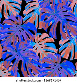 Tropical Pattern. Seamless Texture with Bright Hand Drawn Leaves of Exotic Tree. Summer Rapport for Paper, Textile, Wallpaper. Vector Seamless Background with Tropic Plants. Watercolor Effect.