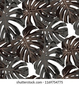 Tropical Pattern. Seamless Texture with Bright Hand Drawn Leaves of Exotic Tree. Summer Rapport for Print, Cloth, Fabric. Vector Seamless Background with Tropic Plants. Watercolor Effect.