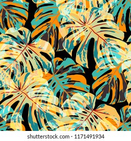 Tropical Pattern. Seamless Texture with Bright Hand Drawn Leaves of Monstera. Bright Rapport for Calico, Textile, Wallpaper. Vector Seamless Background with Tropic Plants. Watercolor Effect.