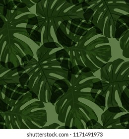 Tropical Pattern. Seamless Texture with Bright Hand Drawn Leaves of Exotic Tree. Bright Rapport for Print, Paper, Swimwear. Vector Seamless Background with Tropic Plants. Watercolor Effect.
