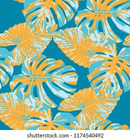 Tropical Pattern. Seamless Texture with Bright Hand Drawn Leaves of Exotic Tree. Summer Rapport for Paper, Textile, Wallpaper. Vector Seamless Background with Tropic Plants. Watercolor Effect.