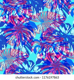 Tropical Pattern. Seamless Texture with Bright Hand Drawn Leaves of Exotic Tree. Bright Rapport for Print, Textile, Swimwear. Vector Seamless Background with Tropic Plants. Watercolor Effect.