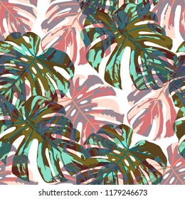 Tropical Pattern. Seamless Texture with Bright Hand Drawn Leaves of Monstera. Bright Rapport for Paper, Cloth, Wallpaper. Vector Seamless Background with Tropic Plants. Watercolor Effect.