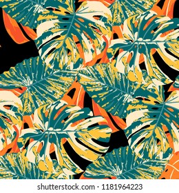 Tropical Pattern. Seamless Texture with Bright Hand Drawn Leaves of Exotic Tree. Trendy Rapport for Paper, Textile, Wallpaper. Vector Seamless Background with Tropic Plants. Watercolor Effect.