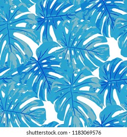 Tropical Pattern. Seamless Texture with Bright Hand Drawn Leaves of Exotic Tree. Spring Rapport for Print, Textile, Fabric. Vector Seamless Background with Tropic Plants. Watercolor Effect.
