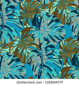 Tropical Pattern. Seamless Texture with Bright Hand Drawn Leaves of Exotic Tree. Spring Rapport for Paper, Textile, Wallpaper. Vector Seamless Background with Tropic Plants. Watercolor Effect.