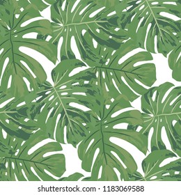 Tropical Pattern. Seamless Texture with Bright Hand Drawn Leaves of Exotic Tree. Bright Rapport for Print, Paper, Swimwear. Vector Seamless Background with Tropic Plants. Watercolor Effect.