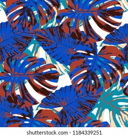 Tropical Pattern. Seamless Texture with Bright Hand Drawn Leaves of Exotic Tree. Spring Rapport for Print, Textile, Fabric. Vector Seamless Background with Tropic Plants. Watercolor Effect.