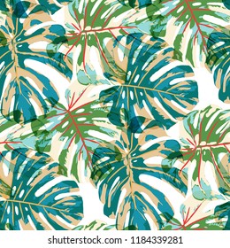 Tropical Pattern. Seamless Texture with Bright Hand Drawn Leaves of Monstera. Summer Rapport for Paper, Textile, Wallpaper. Vector Seamless Background with Tropic Plants. Watercolor Effect.