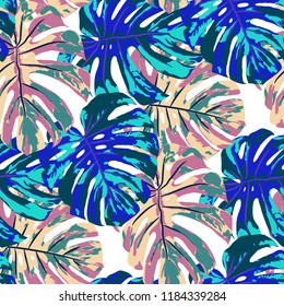 Tropical Pattern. Seamless Texture with Bright Hand Drawn Leaves of Exotic Tree. Trendy Rapport for Calico, Textile, Wallpaper. Vector Seamless Background with Tropic Plants. Watercolor Effect.