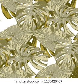 Tropical Pattern. Seamless Texture with Bright Hand Drawn Leaves of Exotic Tree. Summer Rapport for Print, Cloth, Fabric. Vector Seamless Background with Tropic Plants. Watercolor Effect.