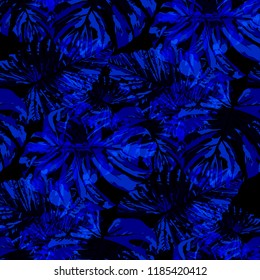 Tropical Pattern. Seamless Texture with Bright Hand Drawn Leaves of Exotic Tree. Spring Rapport for Print, Paper, Swimwear. Vector Seamless Background with Tropic Plants. Watercolor Effect.