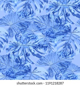 Tropical Pattern. Seamless Texture with Bright Hand Drawn Leaves of Exotic Tree. Trendy Rapport for Print, Cloth, Fabric. Vector Seamless Background with Tropic Plants. Watercolor Effect.