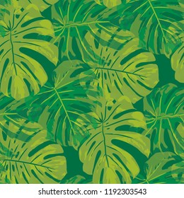 Tropical Pattern. Seamless Texture with Bright Hand Drawn Leaves of Exotic Tree. Spring Rapport for Paper, Cloth, Wallpaper. Vector Seamless Background with Tropic Plants. Watercolor Effect.