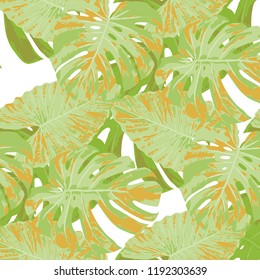 Tropical Pattern. Seamless Texture with Bright Hand Drawn Leaves of Exotic Tree. Bright Rapport for Paper, Cloth, Fabric. Vector Seamless Background with Tropic Plants. Watercolor Effect.