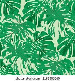 Tropical Pattern. Seamless Texture with Bright Hand Drawn Leaves of Exotic Tree. Summer Rapport for Paper, Cloth, Fabric. Vector Seamless Background with Tropic Plants. Watercolor Effect.