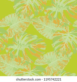 Tropical Pattern. Seamless Texture with Bright Hand Drawn Leaves of Exotic Tree. Trendy Rapport for Print, Textile, Fabric. Vector Seamless Background with Tropic Plants. Watercolor Effect.