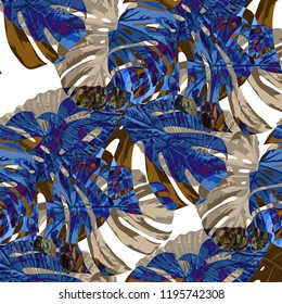 Tropical Pattern. Seamless Texture with Bright Hand Drawn Leaves of Monstera. Summer Rapport for Paper, Cloth, Wallpaper. Vector Seamless Background with Tropic Plants. Watercolor Effect.