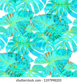 Tropical Pattern. Seamless Texture with Bright Hand Drawn Leaves of Monstera. Summer Rapport for Print, Textile, Fabric. Vector Seamless Background with Tropic Plants. Watercolor Effect.