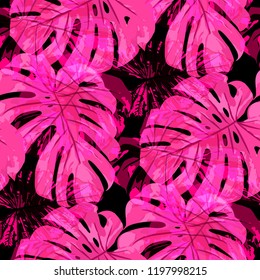 Tropical Pattern. Seamless Texture with Bright Hand Drawn Leaves of Exotic Tree. Trendy Rapport for Print, Paper, Swimwear. Vector Seamless Background with Tropic Plants. Watercolor Effect.
