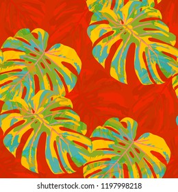 Tropical Pattern. Seamless Texture with Bright Hand Drawn Leaves of Exotic Tree. Spring Rapport for Paper, Textile, Wallpaper. Vector Seamless Background with Tropic Plants. Watercolor Effect.