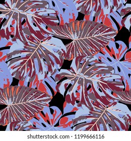 Tropical Pattern. Seamless Texture with Bright Hand Drawn Leaves of Exotic Tree. Trendy Rapport for Paper, Textile, Wallpaper. Vector Seamless Background with Tropic Plants. Watercolor Effect.