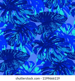 Tropical Pattern. Seamless Texture with Bright Hand Drawn Leaves of Exotic Tree. Spring Rapport for Paper, Textile, Wallpaper. Vector Seamless Background with Tropic Plants. Watercolor Effect.