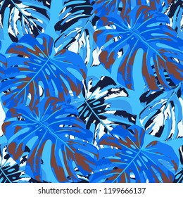 Tropical Pattern. Seamless Texture with Bright Hand Drawn Leaves of Monstera. Bright Rapport for Print, Paper, Swimwear. Vector Seamless Background with Tropic Plants. Watercolor Effect.