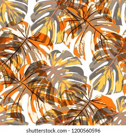 Tropical Pattern. Seamless Texture with Bright Hand Drawn Leaves of Exotic Tree. Trendy Rapport for Paper, Textile, Wallpaper. Vector Seamless Background with Tropic Plants. Watercolor Effect.