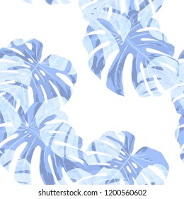 Tropical Pattern. Seamless Texture with Bright Hand Drawn Leaves of Monstera. Summer Rapport for Print, Cloth, Fabric. Vector Seamless Background with Tropic Plants. Watercolor Effect.